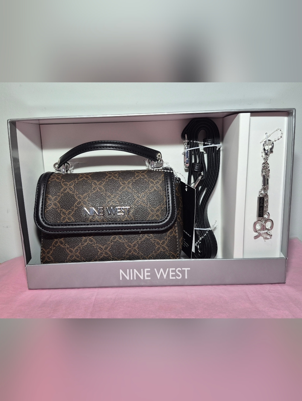 Nine West Brown Monogram Top-Handle Crossbody Bag